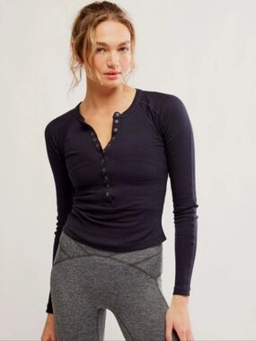 Free People Movement Henley Top Navy Blue Long Sleeve